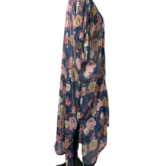 Womens Kimono Duster Sheer Blue Pink Floral Open Front Size Small Boho Fairy - Picture 7 of 7